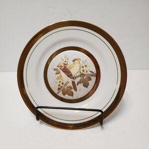 Vintage Japanese Chokin Art Plate, Bird Design, 6" Gold Silver Gilded Porcelain